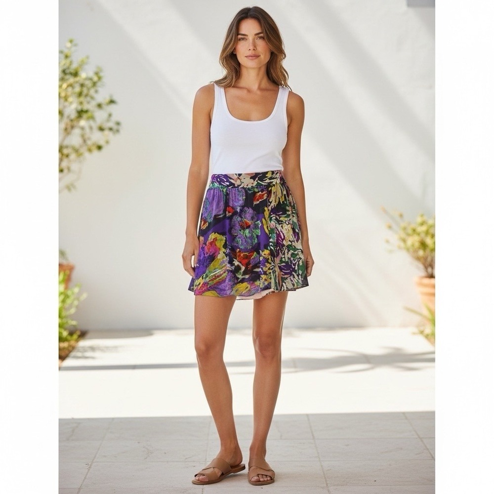 Anthropologie Maeve Silk Purple Floral Lined Elastic Waist Mini Skirt Size Small